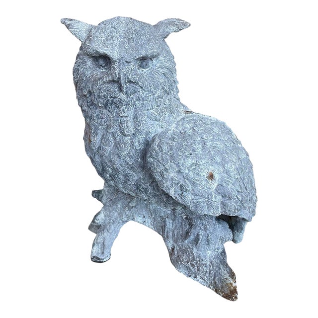 Vintage Cast Iron Horned Owl Garden Sculpture For Sale