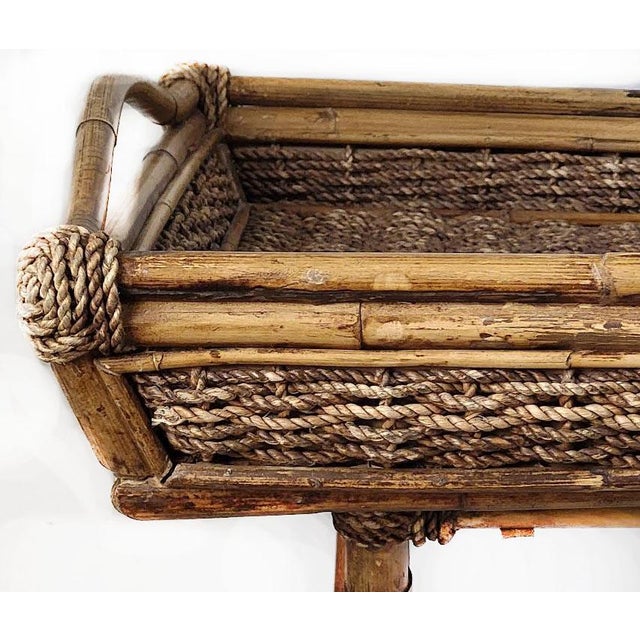 Large Mid-Century British Colonial Bamboo & Woven Rope Folding Butler Tray Bring a commanding touch of vintage warmth and...