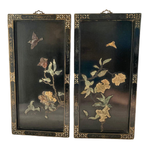 Antique Two-Set Chinese Black Lacquer Wood Panels With Nature Scenes Using Genuine Stone, Mother of Pearl, and Gold Leaf