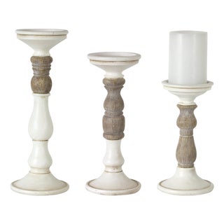 Ivory Candle Holder with Wood Accent (Set of 3) For Sale