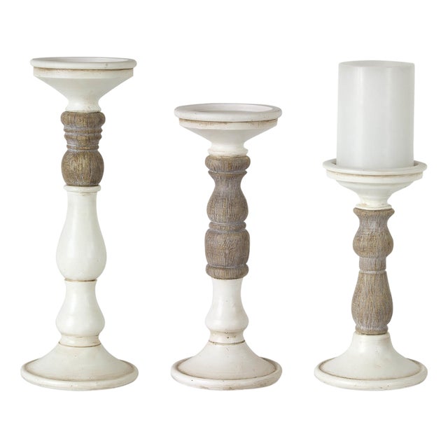 Ivory Candle Holder with Wood Accent (Set of 3) For Sale