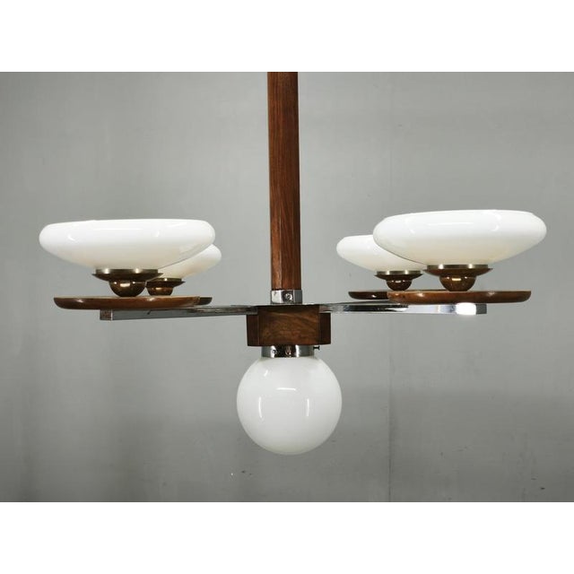 1930s Czech Art Deco Chrome and Opaline Glass Chandelier in Walnut, 1930s For Sale - Image 5 of 17