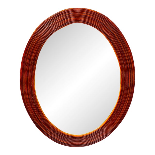 Mid Century Modern Oval Rattan Split Reed Wall Mirror | Attributed to Gabriella Crespi For Sale