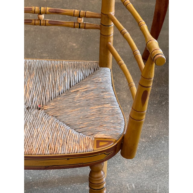 Traditional 19th Century Pair of Painted Faux Bamboo Armchairs With Rush Seats For Sale - Image 3 of 10