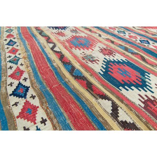 Brick Red 1880s Antique Large Kilim Rug Geometric Red Cream Blue Navy Wool Flatwoven Rug - 5'2" X 8'9" For Sale - Image 8 of 10