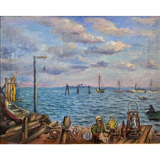 David Burliuk -1950s Fishermen Lifestyle on Sag Harbor -Oil Painting For Sale - Image 4 of 13