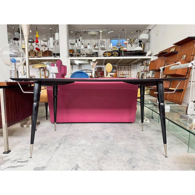 Black Lacquered Wood Dining Table with Conical Legs and Chrome Details, 1960s For Sale - Image 4 of 9