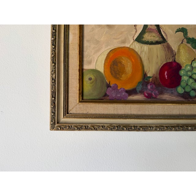 1970s 1970s Frances Heller “Fruit and Wine” Still Life Oil on Canvas Board Painting, Wood Framed For Sale - Image 5 of 10