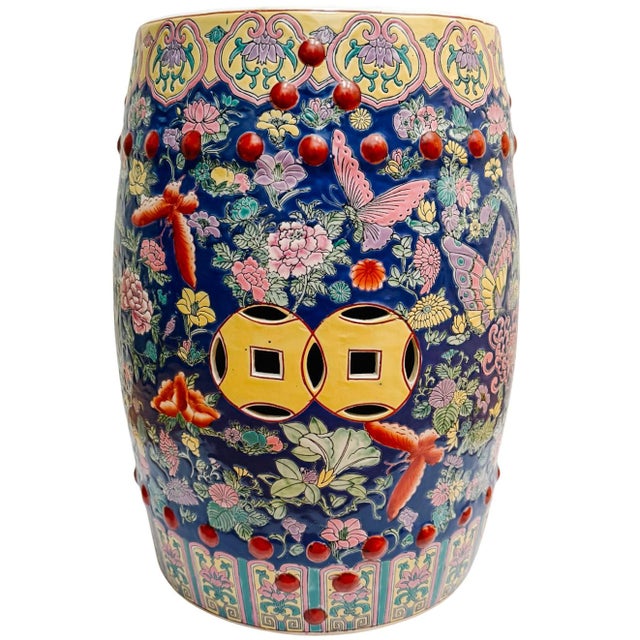 Early to mid 20th century vintage Chinese porcelain barrel-form garden stool featuring a vibrant Thousand Flowers /...