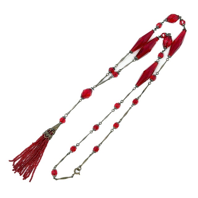 Red Art Nouveau Red Glass and Gilded Metal Tassel Necklace, 1890s For Sale - Image 8 of 8