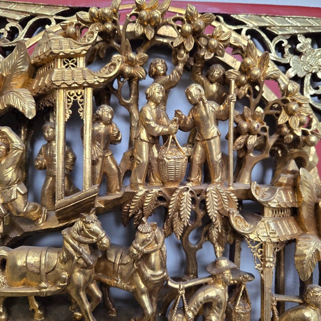 Antique Chinese Giltwood Panel Relief Carving Landscape Scene Red Lacquer Borders and Back For Sale - Image 4 of 18