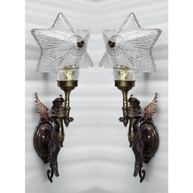 Metal Pair Vintage Art Nouveau Deco Mermaid Wall Sconces in Brass & Star Glass Light For Sale - Image 7 of 7