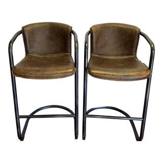 Argentinian Brown Leather Bar Stools - A Pair For Sale