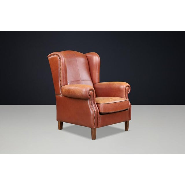 Brown Patinated Cognac Leather Wingback Lounge Chair, Netherlands, 1960s For Sale - Image 8 of 13