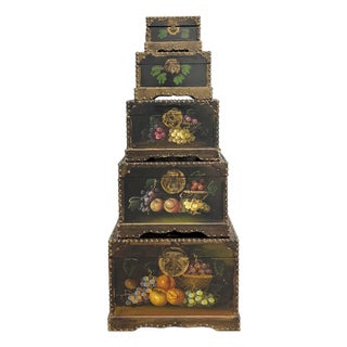 Vintage Hand-Painted Nesting Still Life Storage Boxes – Set of Five For Sale