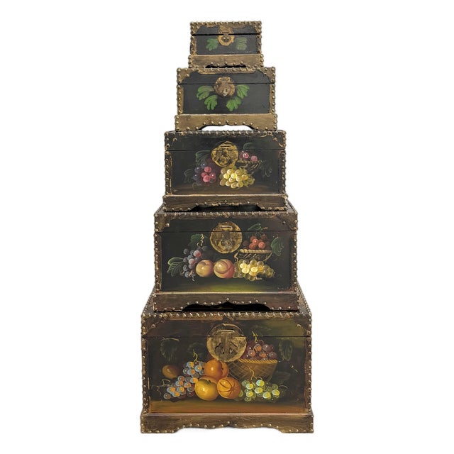 Vintage Hand-Painted Nesting Still Life Storage Boxes – Set of Five For Sale