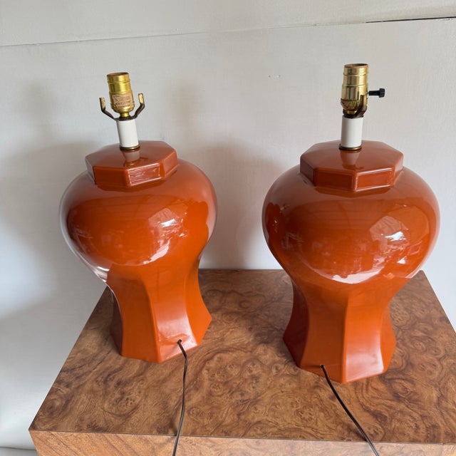 Mid Century Modern Terra Cotta Colored Ceramic Table Lamps- A Pair For Sale - Image 9 of 12