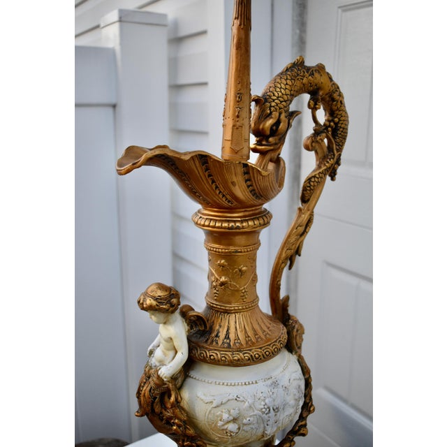 Antique Gilded Metal Lamp Renaissance Style Ornate Ewer Designed Figural Details For Sale - Image 12 of 17