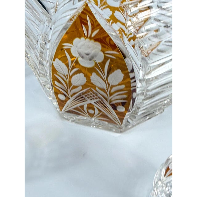 Art Deco Amber Overlay Cut Crystal Decanter & Cordial Glasses, 1930s, Set of 5 For Sale - Image 6 of 17