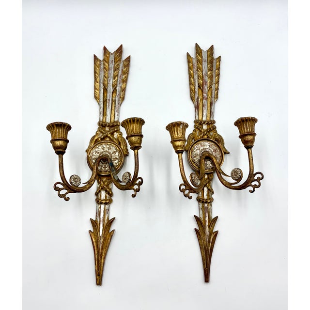 Antique Italian Silver & Gold Giltwood Arrow Candle Sconces - A Pair For Sale - Image 12 of 12