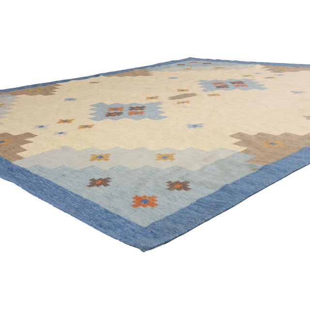 79446 Vintage Indian Kilim Rug, 08'03 x 09'10. The Quiet Compass: A Vintage Indian Kilim Masterpiece of Nordic Modern...