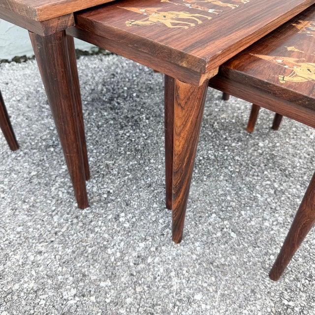 Vintage Mid Century Anglo Indian Bone and Wood Inlaid Rosewood Nesting Tables - Set of 3 For Sale - Image 11 of 12