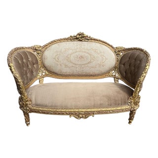 1900s French Louis XVI Gilt Beech Tan Velvet Settee For Sale