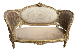 1900s French Louis XVI Gilt Beech Tan Velvet Settee