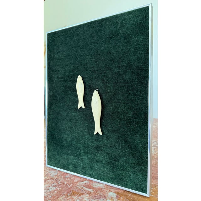 Kinetic Art Framed Bas Relief Carved Sardines Deep Forest Green Chenille Textile For Sale - Image 9 of 14