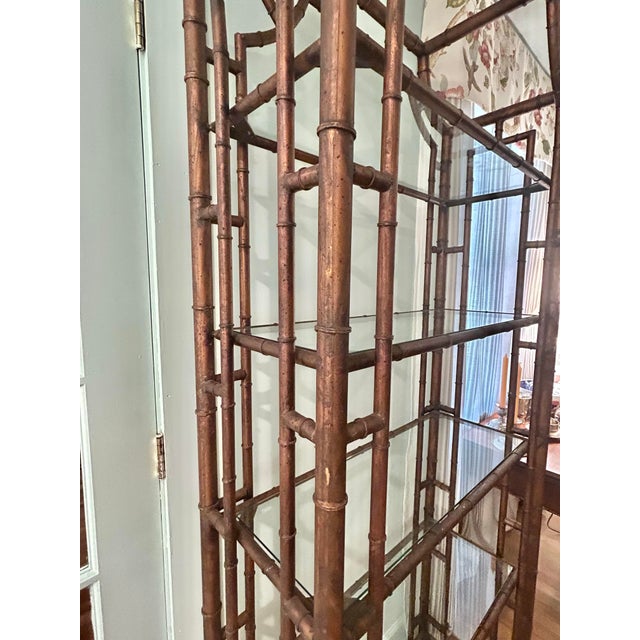 Vintage Hollywood Regency Chinoiserie Metal Faux Bamboo Pagoda Etagere For Sale - Image 10 of 11