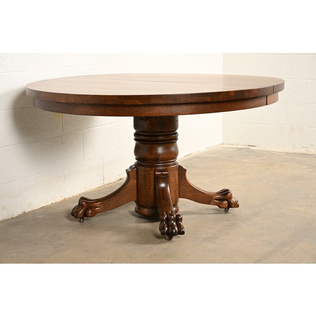 Victorian R. J. Horner Style Antique Victorian Carved Oak Split Pedestal Extension Dining Table With Lion Paw Feet | Newly Refinished For Sale - Image 3 of 14