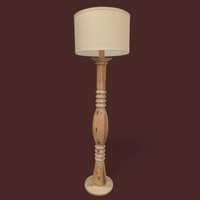 Vintage Natural Raw Wood Sculptural Floor Lamp with Modern Drum Lampshade LAMP DIMENSIONS Height from Bottom of Base to...