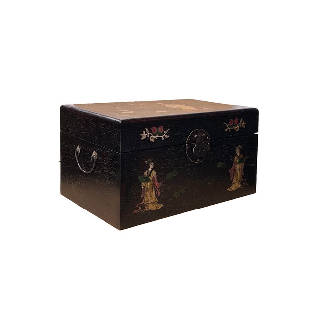 Burnt Umber Oriental Mother of Pearl Dark Brown Wood Small Trunk Chest Box For Sale - Image 8 of 9