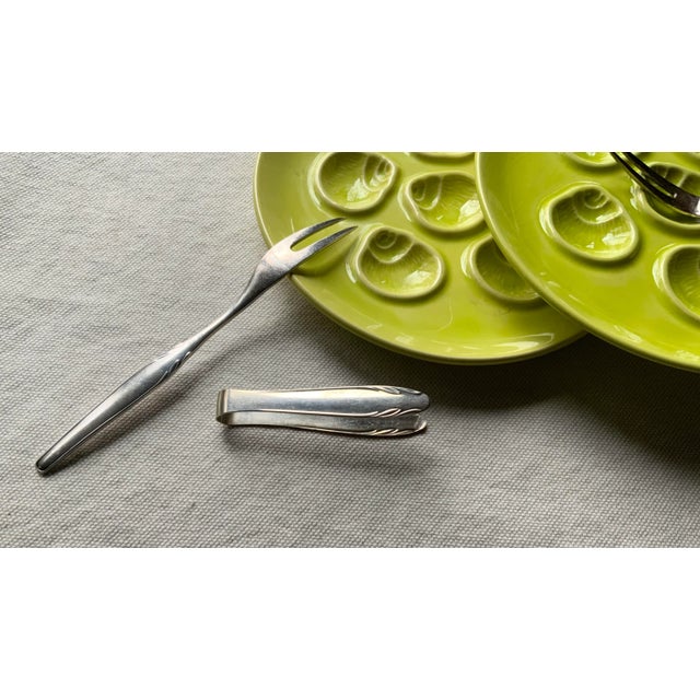 Neon Green 1950s French Chartreuse Porcelain Escargot Plates With Silverplate Forks & Tongs - 7 Piece For Sale - Image 8 of 8