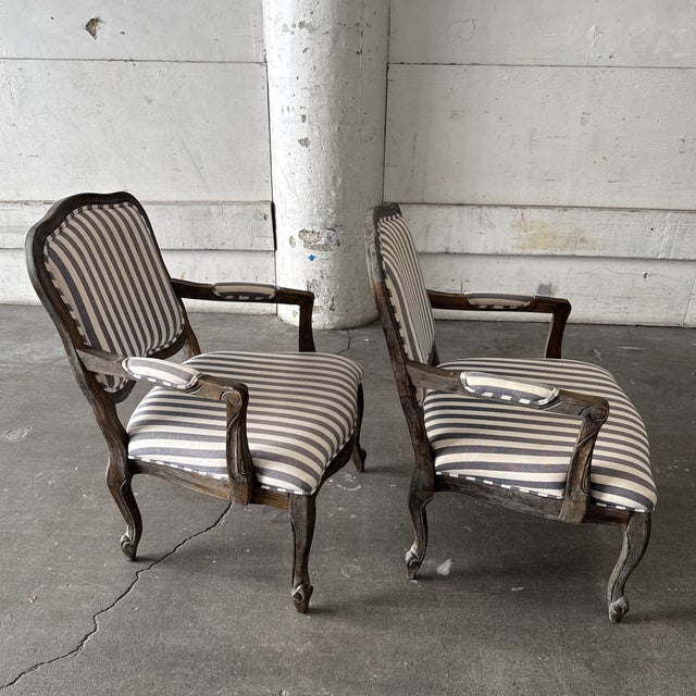 French Louis XV Style Striped Fauteuil Armchairs, Pair For Sale - Image 4 of 12