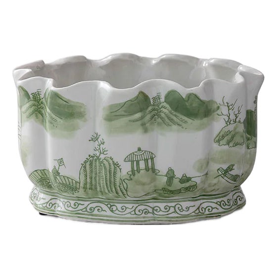 Canton Scallop Chinoiserie Tableau Planter, Green Willow For Sale