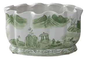 Canton Scallop Chinoiserie Tableau Planter, Green Willow