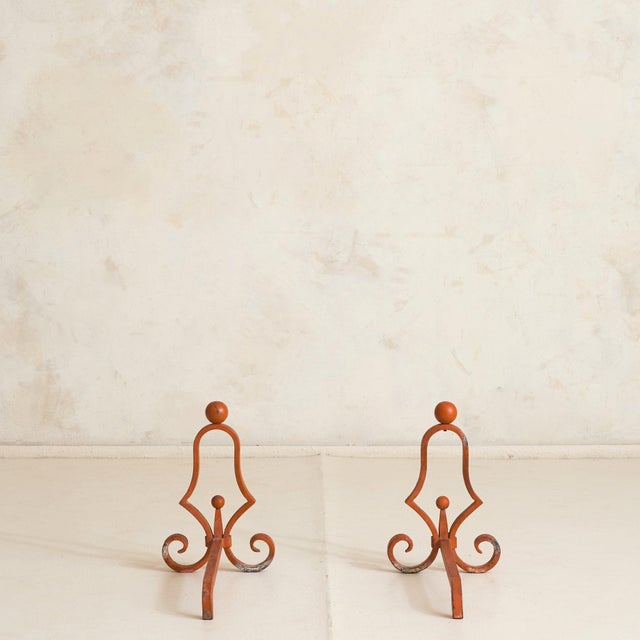 1950s Pair of French Orange Andirons Attributed to Jacques Adnet, 1950s For Sale - Image 5 of 9