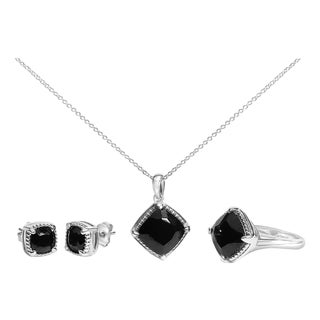 Sterling Silver Cushion Onyx 3-Piece Jewelry Set Ring Earrings Pendant 18 Inch Cable Chain For Sale
