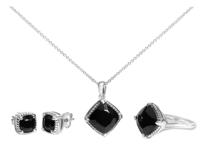 Sterling Silver Cushion Onyx 3-Piece Jewelry Set Ring Earrings Pendant 18 Inch Cable Chain