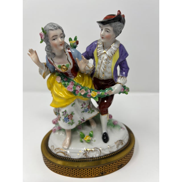 Metal Pair of Dresden Style Porcelain Courting Couple Figurines on Pierced Metal Bases, Circa 1900 For Sale - Image 7 of 10