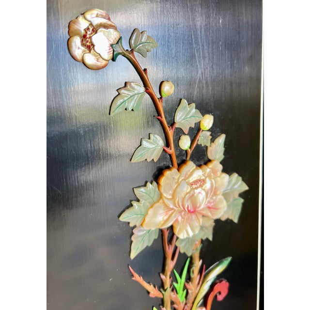 1960s 1960s Mother of Pearl Wall Panel Lacquered Black Lotus Flower Elephant Leg Vase For Sale - Image 5 of 12