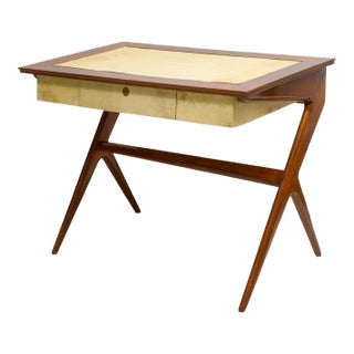 Sculptural Italian Mid-Century Mahogany and Parchment Desk With Three Drawers For Sale
