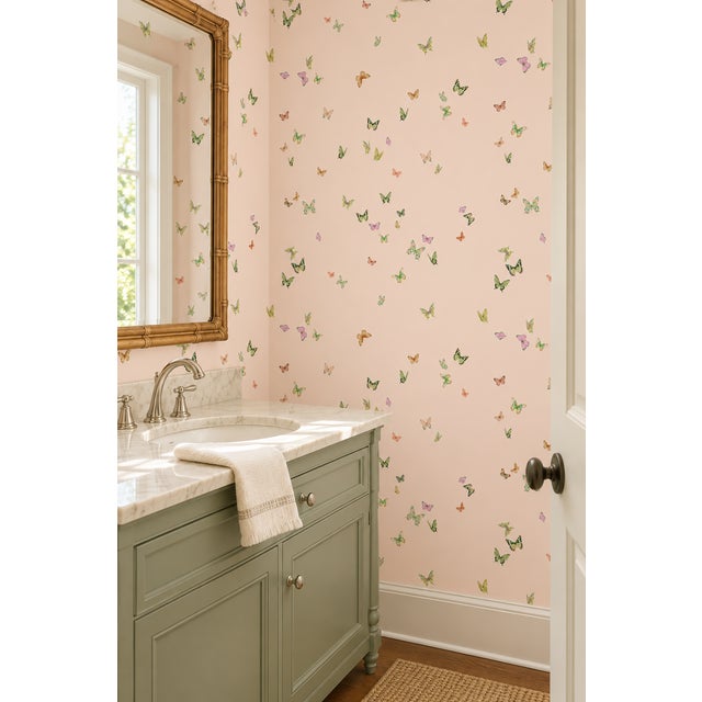 Chinoiserie Butterfly Grove Grasscloth Wallpaper by House Party | Pink Blush | 8 Yards For Sale - Image 3 of 11