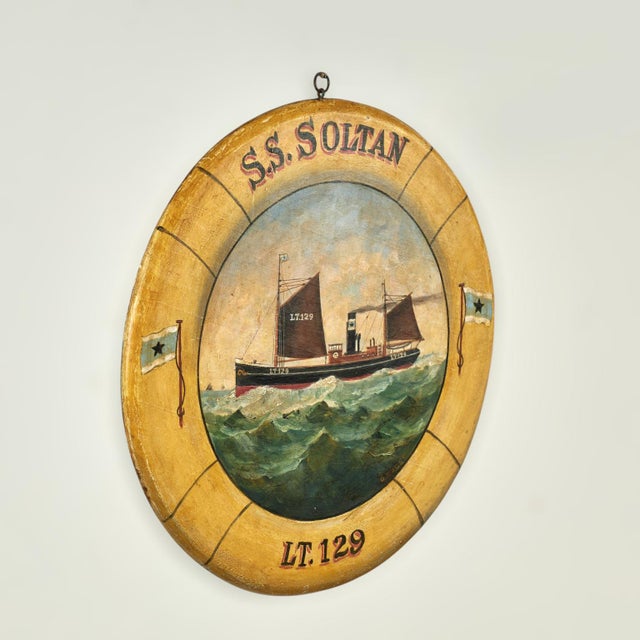 Transporting round English oil painting on wood of a steamship the S. S. Soltan LT. 129 in a choppy sea, presented in a...