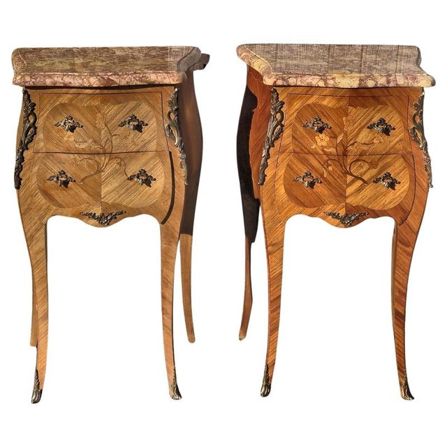 Vintage Marquetry Nightstands in Marble and Wood, Set of 2 For Sale - Image 16 of 16