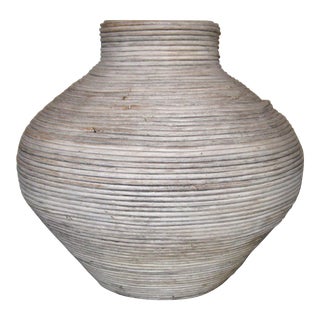 Vintage Coastal Sophistication White Pencil Reed Rattan Floor Vase in Ginger Jar Shape For Sale