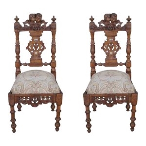 Late 19th Century Antique Italian Renaissance Revival Walnut Carved Side Chairs with Cherubs- a Pair