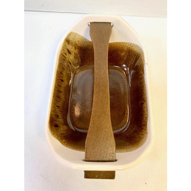 1950s Scandinavian Handmade Ceramic Dish With Wooden Handle For Sale In West Palm - Image 6 of 9