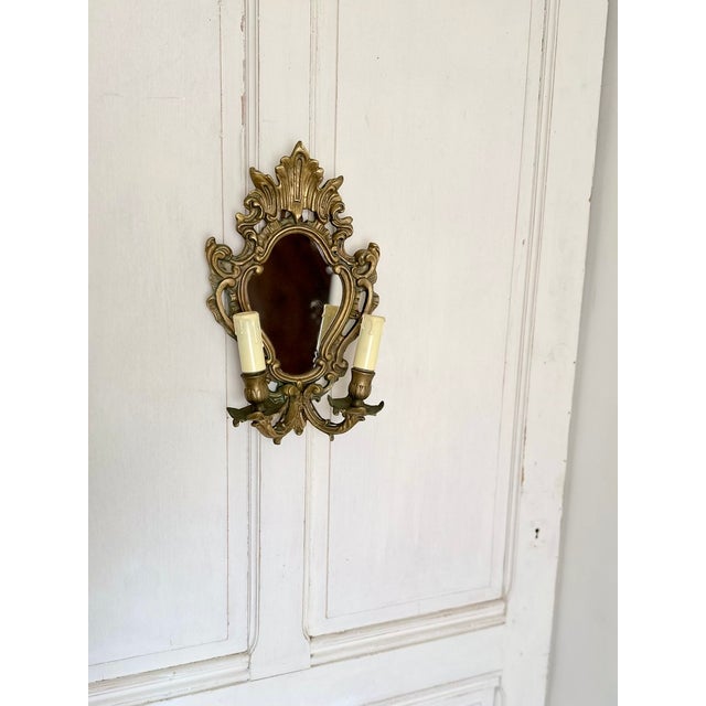 Mid-Century French Rococo Revival Brass Wall Mirror Sconce, 1950s For Sale - Image 13 of 16